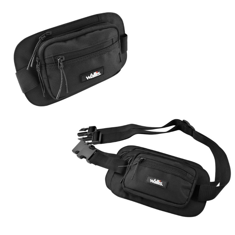 Cangurera c/compartimientos, correa ajustable, 24/14x11x3 cm, negro